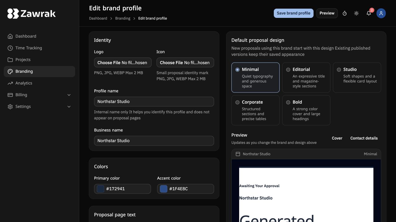 Zawrak branding settings screen