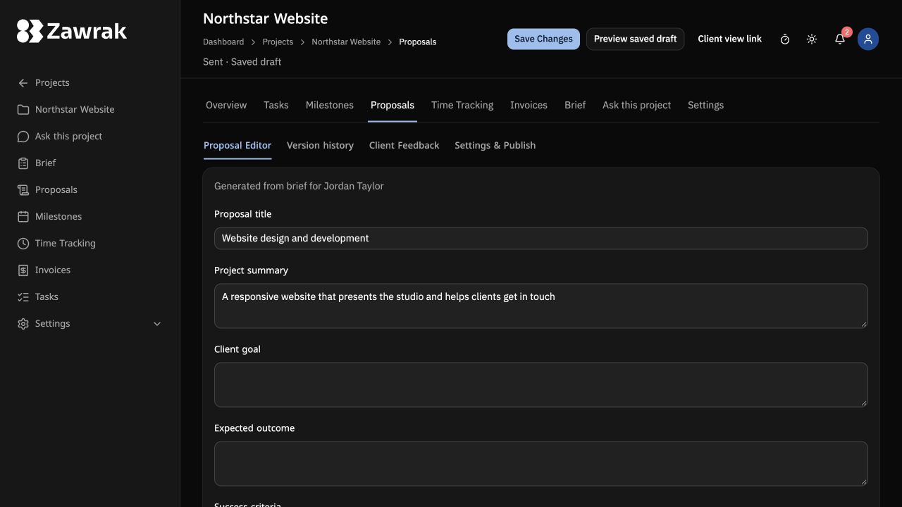 Zawrak proposal editor screen